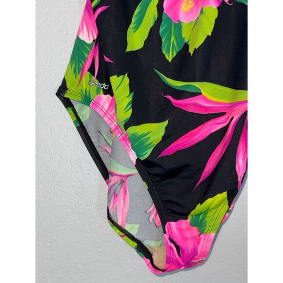 Speedo Black Tropical Floral One-Piece Swimsuit Womens 16 High Leg High Cut Neon - Picture 2 of 7